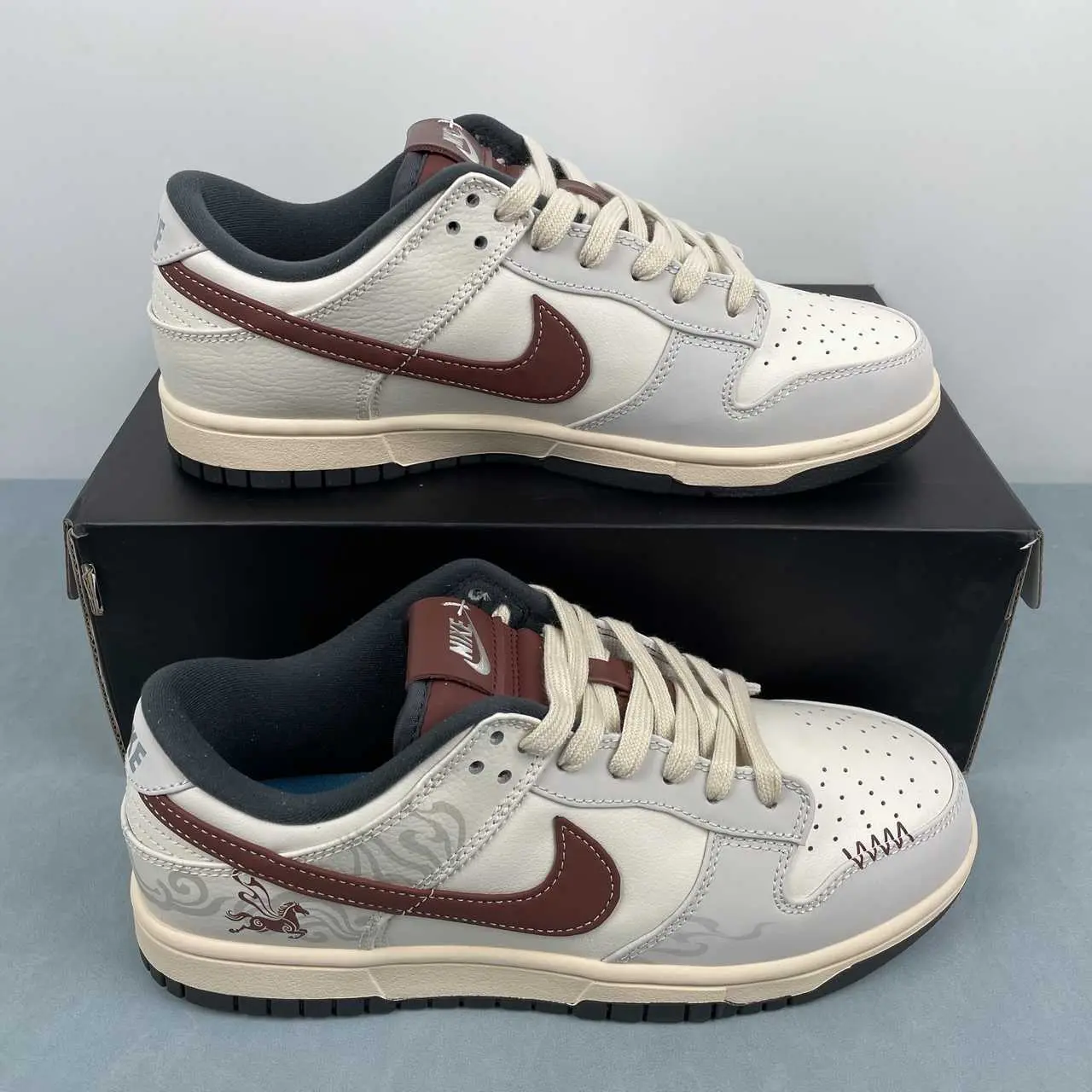 Streetwear casual kicks that instantly upgrade every gentle muted neutral daily outfit, sweat-wicking perforated mixed leather upper adopting off-white gray burgundy contrast layout with subtle graphic embossing, built-in toe vent cutouts