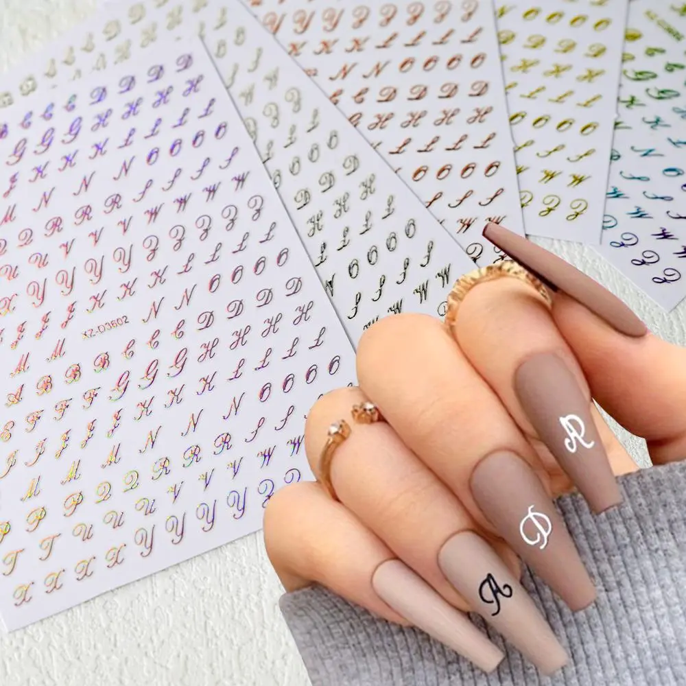 1pc Gold Silver English Letter Nail Sticker Black Laser 3D Alphabet Self Adhesive Decal English Words DIY Slider Manicure Decor