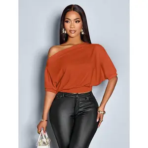 Women's Solid Asymmetrical Neck Ruched Shoulder Tee