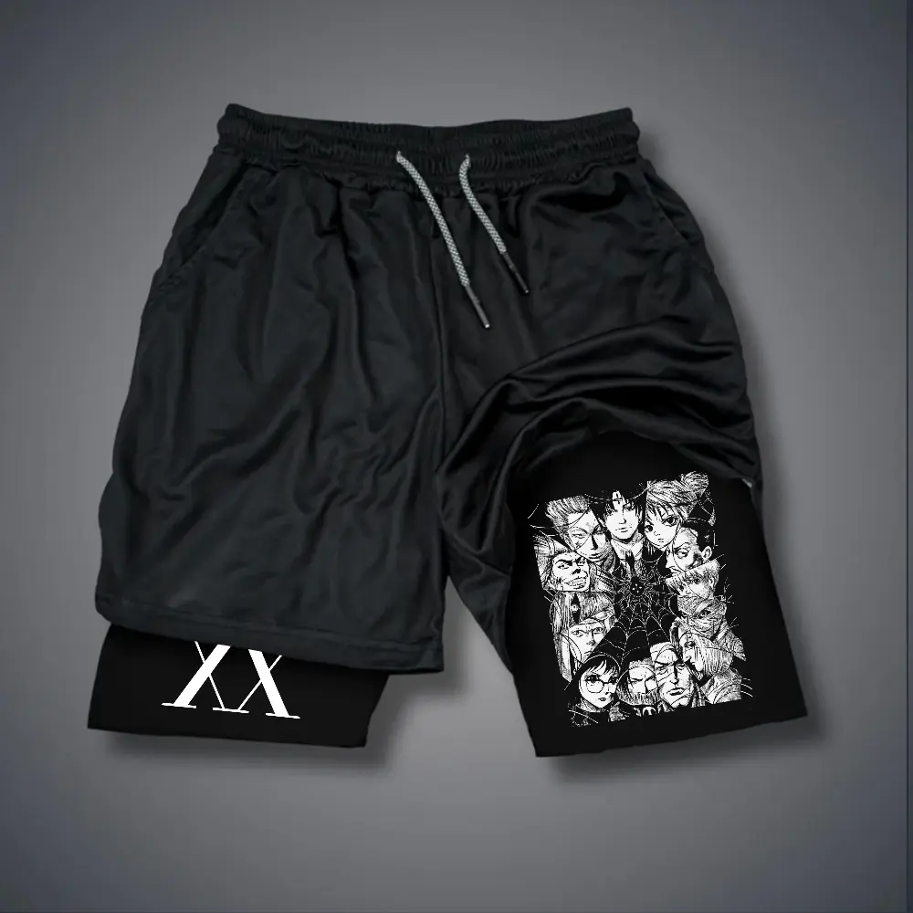 Hunter x hunter 80s 90s Double-Layer Sports Shorts Graphic Shorts Black Camo Streetwear Shorts Men Outfits Men Vacation Outfits Shorts