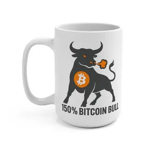 150% Bitcoin Bull Mug - White Glossy Ceramic 15oz Tumbler for Crypto Enthusiasts & Traders - Reusable Washable Coffee Cup with Bold Design & Ergonomic Handle