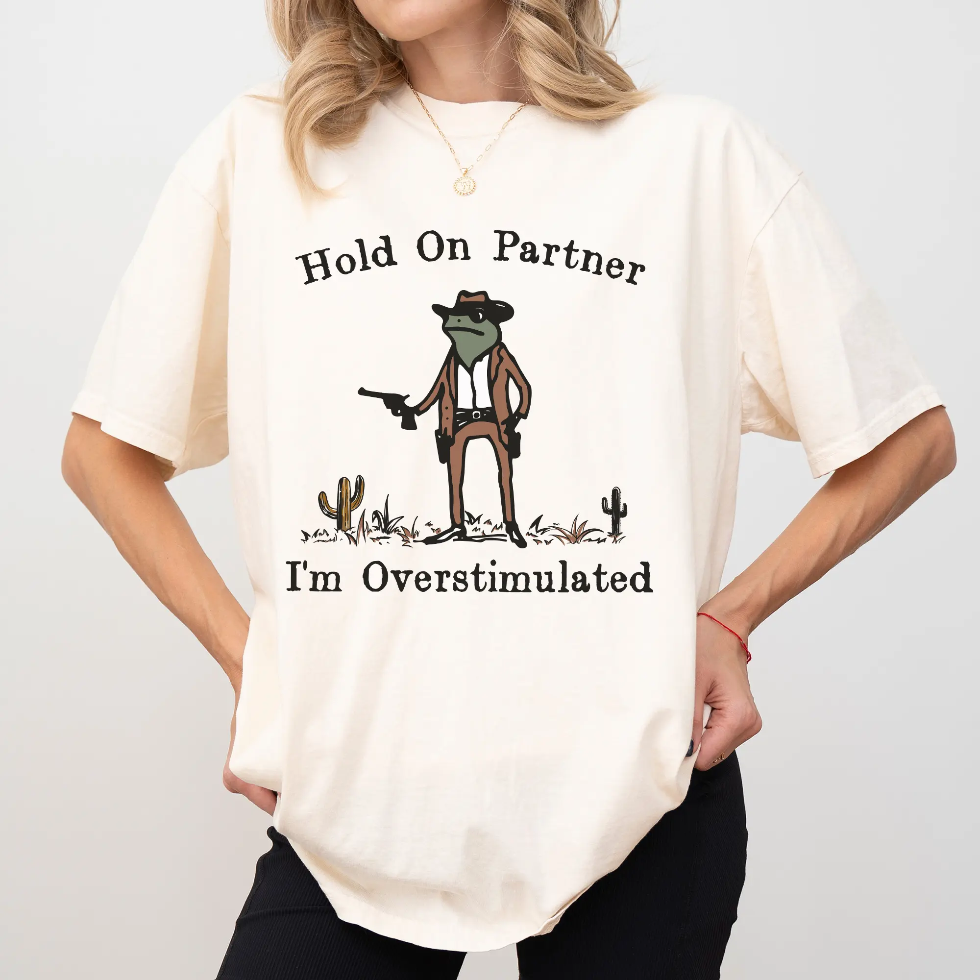 Hold On I'm Overstimulated Funny Frog Shirt Comfort Colors, Western Rodeo Frog Tops, Cool Frog Meme Tee, Country Cowboy Tshirt, Soft Cotton Womenswear