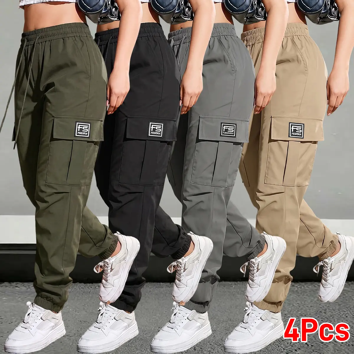 Set of 4 women’s cargo pants: loose casual high-waisted wide-leg pants; all-season woven fabric; long solid-color design; suitable for everyday commuting and vacations; women’s wide-leg casual pants; drawstring low-rise wide-leg harem pants; pockets inclu