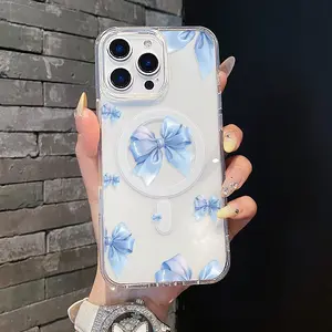 Magnetic Coquette Case for iPhone 16 E Pro Max 15 Plus 14 13 12 11 XS XR, Pastel Light Blue Bows Pattern Design | Shockproof, Girly, Stylish, Silicone, and Trendy Protection