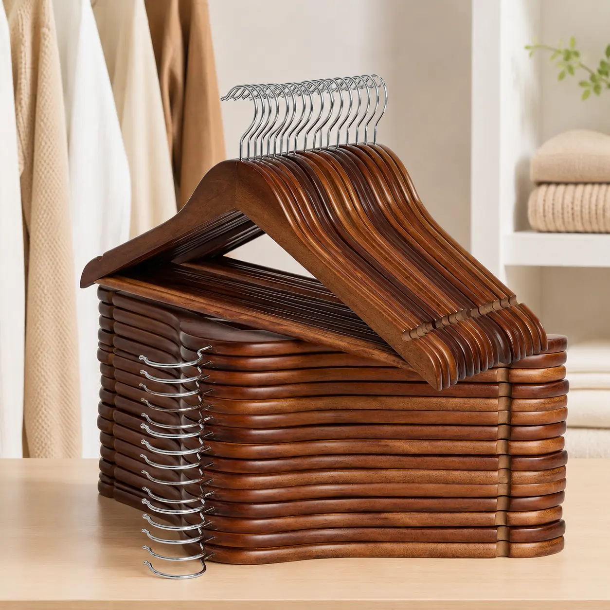BePatio 17.32" Soild Wooden Coat Hangers,10~30 Pack Clothes Hangers ,Natural Wood Suit Hangers with Non Slip Pant Bar & 360 Degree Rotatable Hook ,Clothes Hangers for Shirts, Jackets, Dress, Pant, Perfect for your closet.