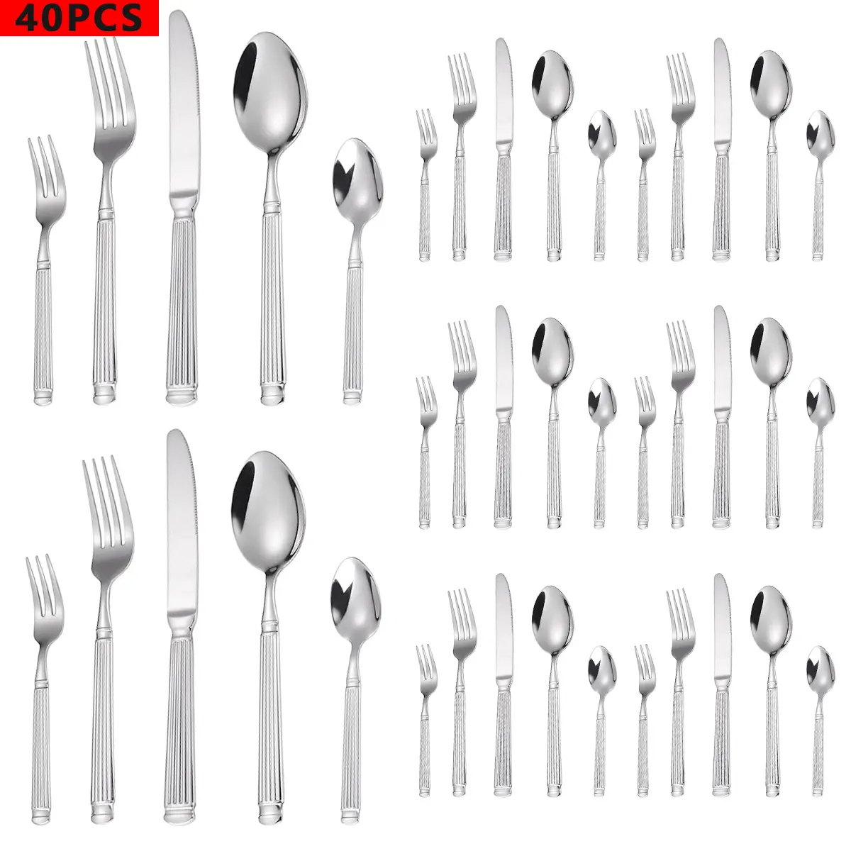Aesthetic Stylish 40-Piece Stainless Steel Silver Tableware Set - Service for 8 Adults, Vertical Ribbed Handle Utensils, Knife Fork Spoon Cutlery, Dishwasher Safe, Ideal for Spring Brunch, Summer BBQs