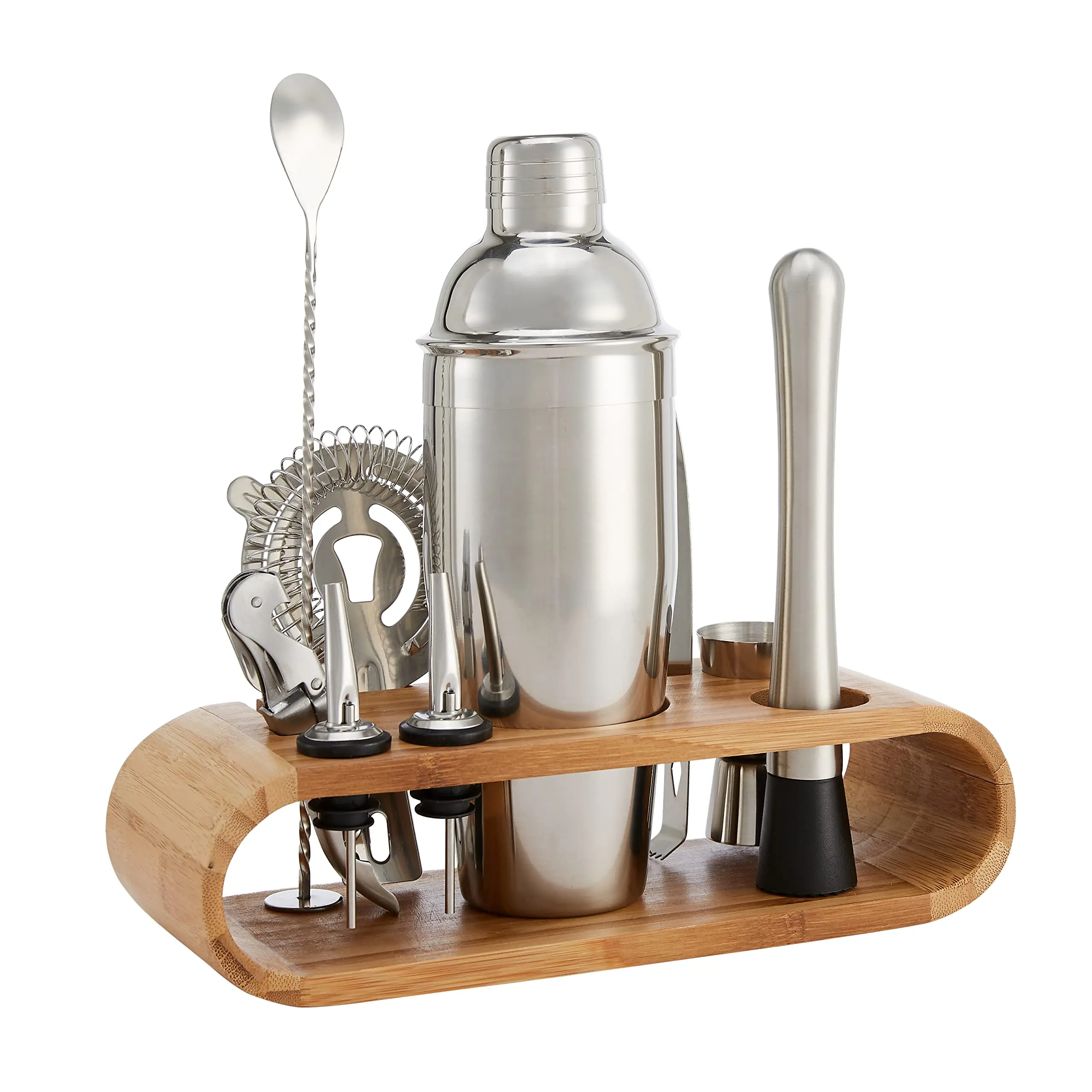 2026 Mixology & Craft Cocktail Shaker Set with Bamboo Stand - Professional 10-Piece Bartender Kit - Complete Bar Set & Cocktail Mixer Kit for Home (Silver)