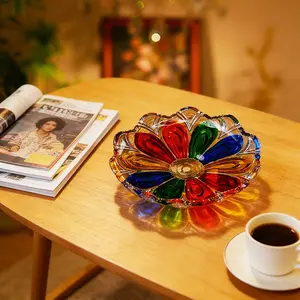 Colorful Floral Petal Glass Fruit plate， 8.7in Fruit plate for Kitchen Counter, Large Decorative Crystal Bowl, Multicolor Floral Serving Platter for Fruits, Snacks, Candy