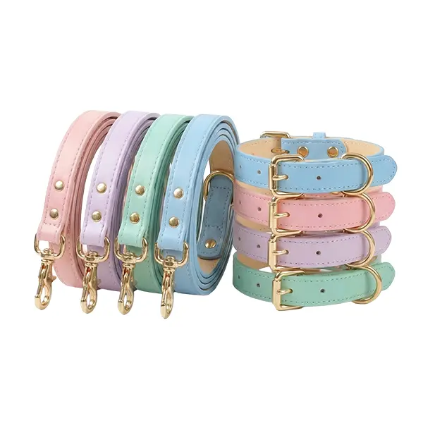 Darren & Phillip Capri Leather Collar & Leash Set in Pastel Colors with Gold Hardware for Stylish Pet Walking Premium Full-Grain Leather Adjustable Collar 150cm Leash