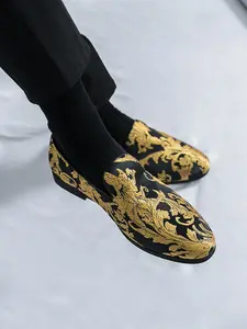 Baroque Gold Embroidered Satin Loafers, New Chinese Style Men's Shoes, Wedding Party Evening Wear, Versatile Trendy Footwear