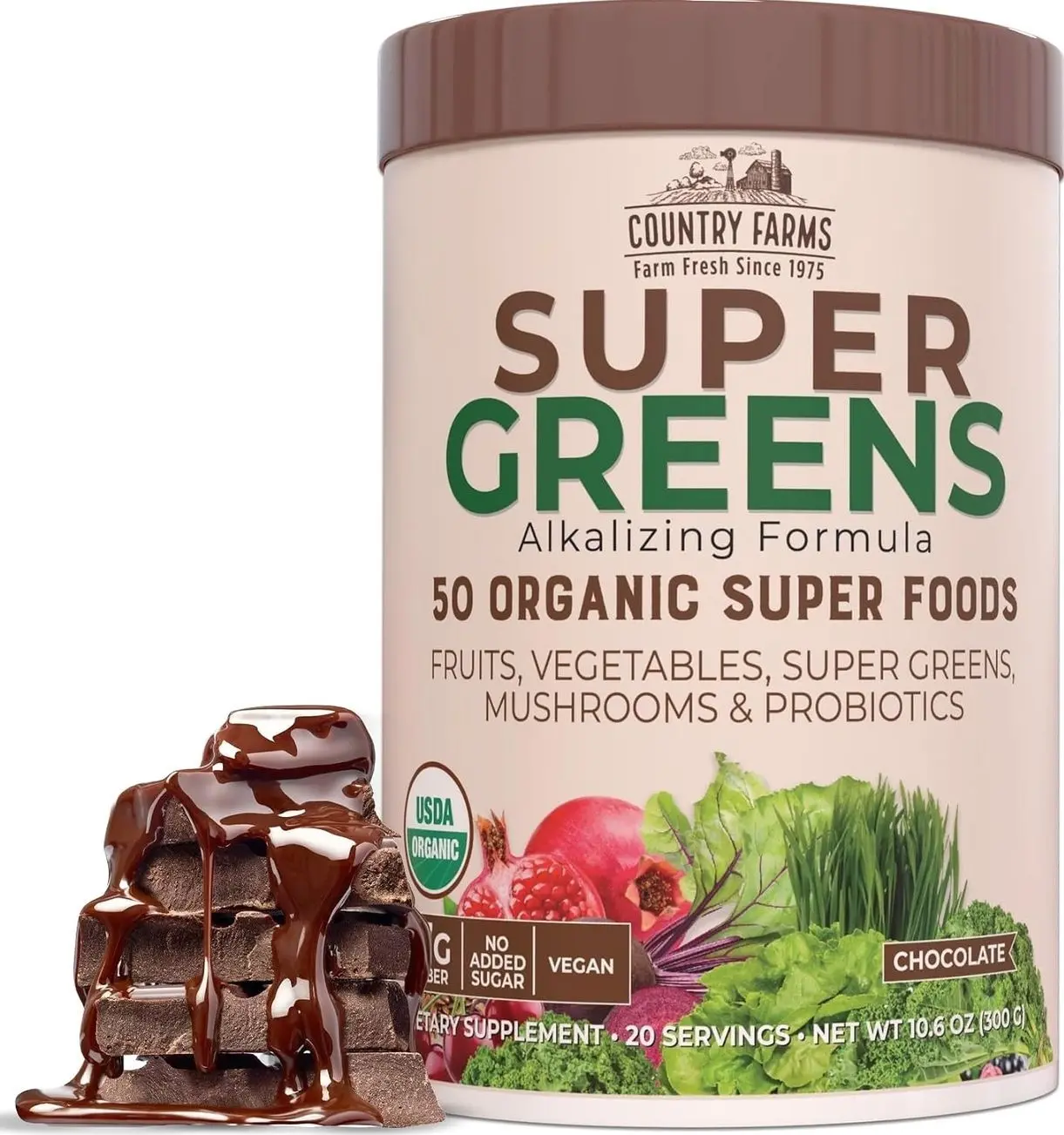 Country Farms Organic Super Greens Chocolate Flavor, 50 Organic Super Foods, USDA Organic Drink Mix, Packed with Fiber, Fruits, Vegetables, Mushrooms & Probiotics, Supports Energy, 7g Fiber