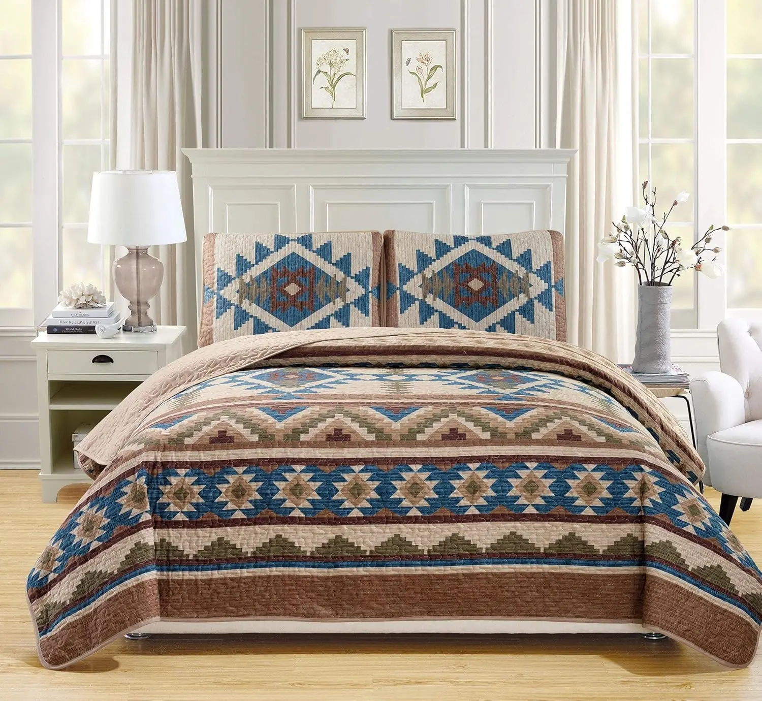 Western Southwestern Native American Tribal Navajo Design Multicolor Beige Taupe Brown Blue Green Oversize Twin Bedspread Quilt Set Austin Taupe (Twin)