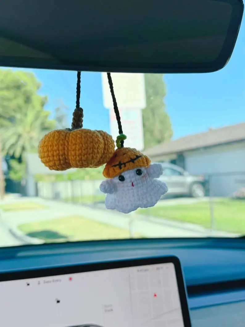 ghost and pumpkin car mirror hanging, Crochet bat, new car gift, decorative pumpkins for Car, Halloween car decor,Mini Knit Pumpkins