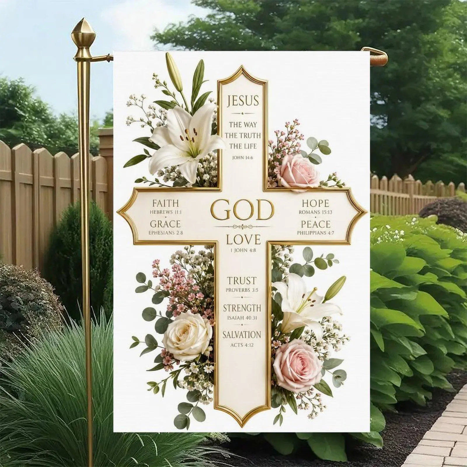 Gold Frame Scripture Cross White Lily Pink Rose Bible Verse Faith God Jesus Religious Garden Flag Double-Sided 12x18in, Christian Scripture Home Lawn Decor Sign