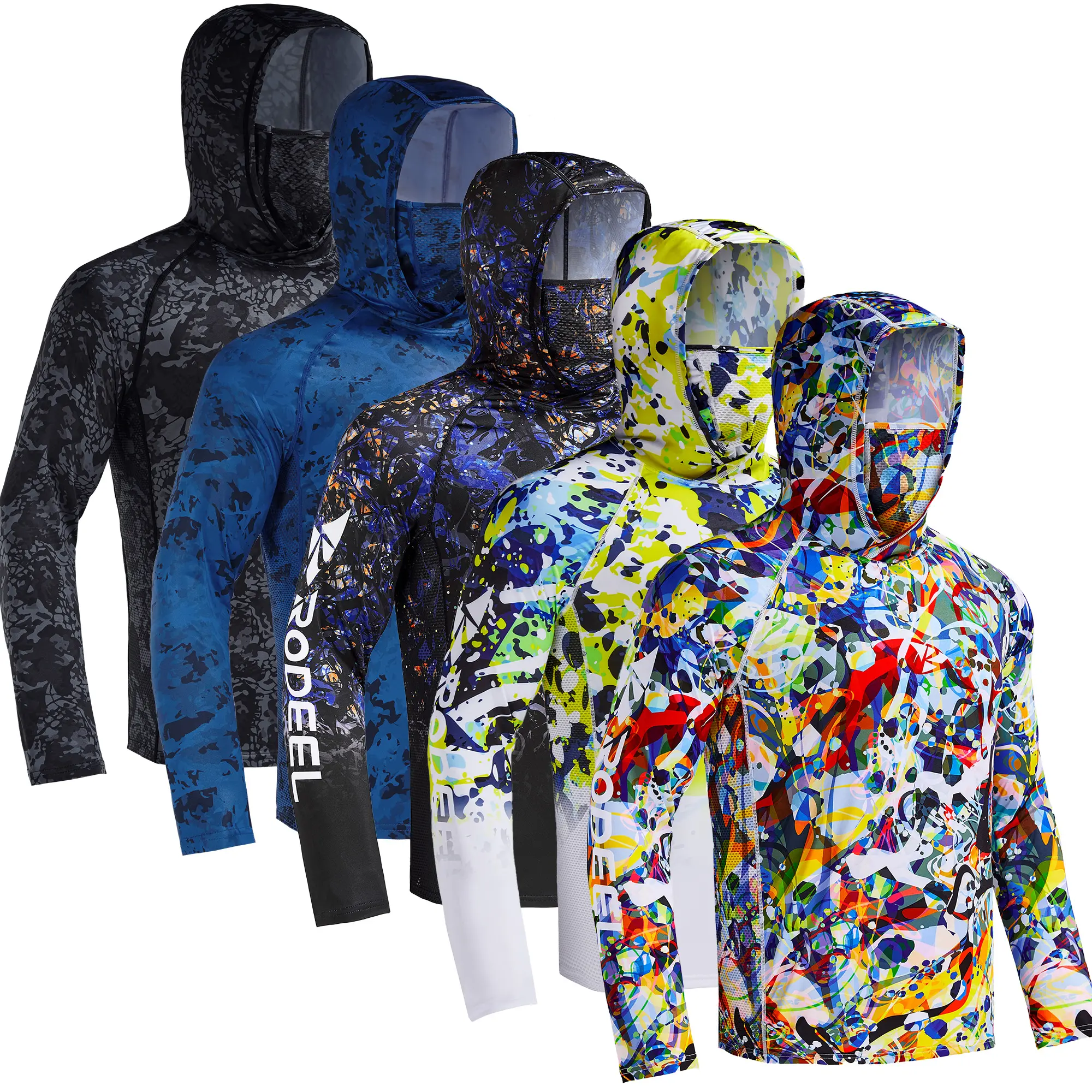 RODEEL 915 Sun Hoodie Shirts w/ Mask Neck Gaiter Men UPF 50+ UV Protection Long Sleeve Lightweight Quick Dry Moisture Wicking Breathable Athletic Activewear for Outdoor Fishing Boating Hiking Construction Roofing Landscaping Tree Service summervibes