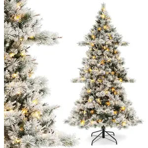 7 FT Pre-Lit Snow Flocked Christmas Tree, Artificial Hinged Xmas Tree with 1057 PVC & Pine Needles Branch Tips, 420 Warm-White LED Lights, 62 Snowy Pine Cones, Holiday Decor for Office, Home
