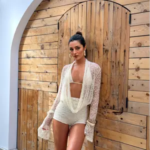 LikeMyChoice 2026 Romantic Cowl Neck Lace Patchwork Bodysuit Set - Elegant Sheer Long Sleeve Romper Lingerie 2-Piece Outfit for Tropical Beach Vacation Resort Wear Chic Boho Seaside Set Floral Breathable Basic Minimalist body suit