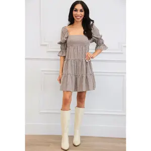 Sanders Gingham Babydoll Dress: Brown/White