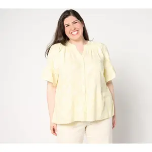 Denim & Co. Naturals Linen Blend Elbow Sleeve Printed Blouse
