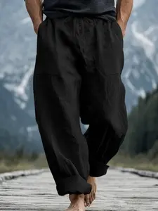 Men's Linen Outdoor Wide Leg Pants, Drawstring Waist, Large Pockets, Casual Loose Fit, Breathable Summer Hiking Long Pants