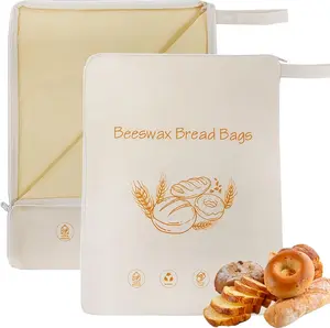 Two-Piece Beeswax Lined Bread Bags with Wide Zipper Opening, Convenient Access, Ideal for Storing Homemade Bread, Freshness Preserving