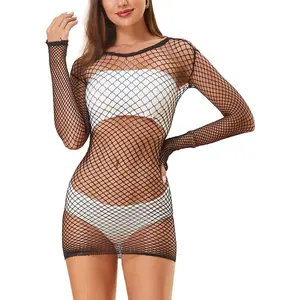 Women's Fishnet Lingerie Mesh Chemise Long Sleeve Babydoll