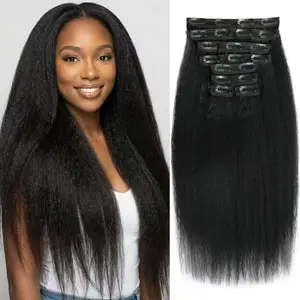 Kinky Straight Clip in Hair Extensions Real Human Hair 8pcs 20Clips Yaki Straight Clip Ins 110g Full Head Hair Extensions Brazilian Remy Hair Double Weft Natural Black
