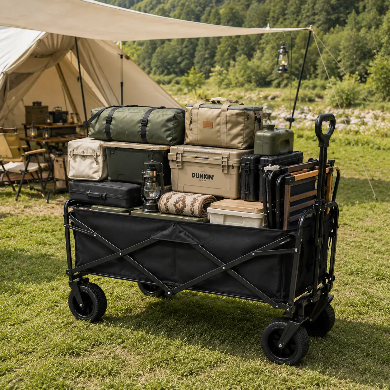 Extra Large Collapsible Steel Frame Utility Wagon Cart - Heavy Duty Folding Cart with Adjustable Handle, Oversized All-Terrain Tank Wheels, Heavy Load Capacity for Camping, Grocery Shopping
