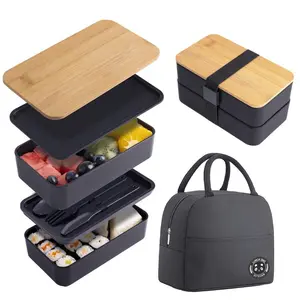 Japanese Bamboo Bento Box with Compartments and Utensils Stackable Lunch Box Includes Lunch Bag for Meal Prep Black#Summervibes