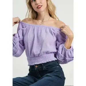 Women's Umgee Cotton Gauze Crop Top Smocked Balloon Sleeves