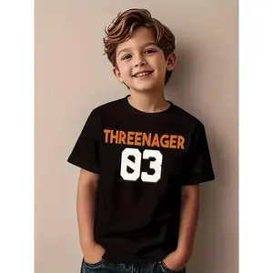 ' 3rd Birthday T-Shirt with Name & Age Number 93 Print - Black & Orange Casual Short Sleeve Round Neck Tee Birthday Party Outfit, Summer Playwear, Gift Idea