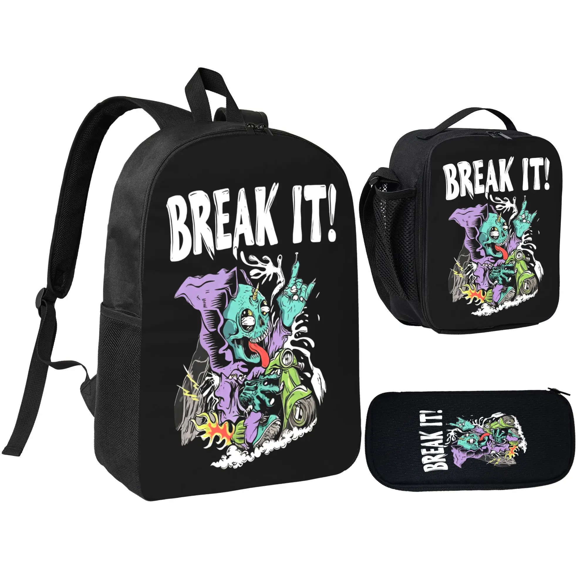 Break It Punk Skull Scooter Graffiti 3 In 1 Backpack Set Teen Dark Streetwear School Bag Lunch Box Pencil Case