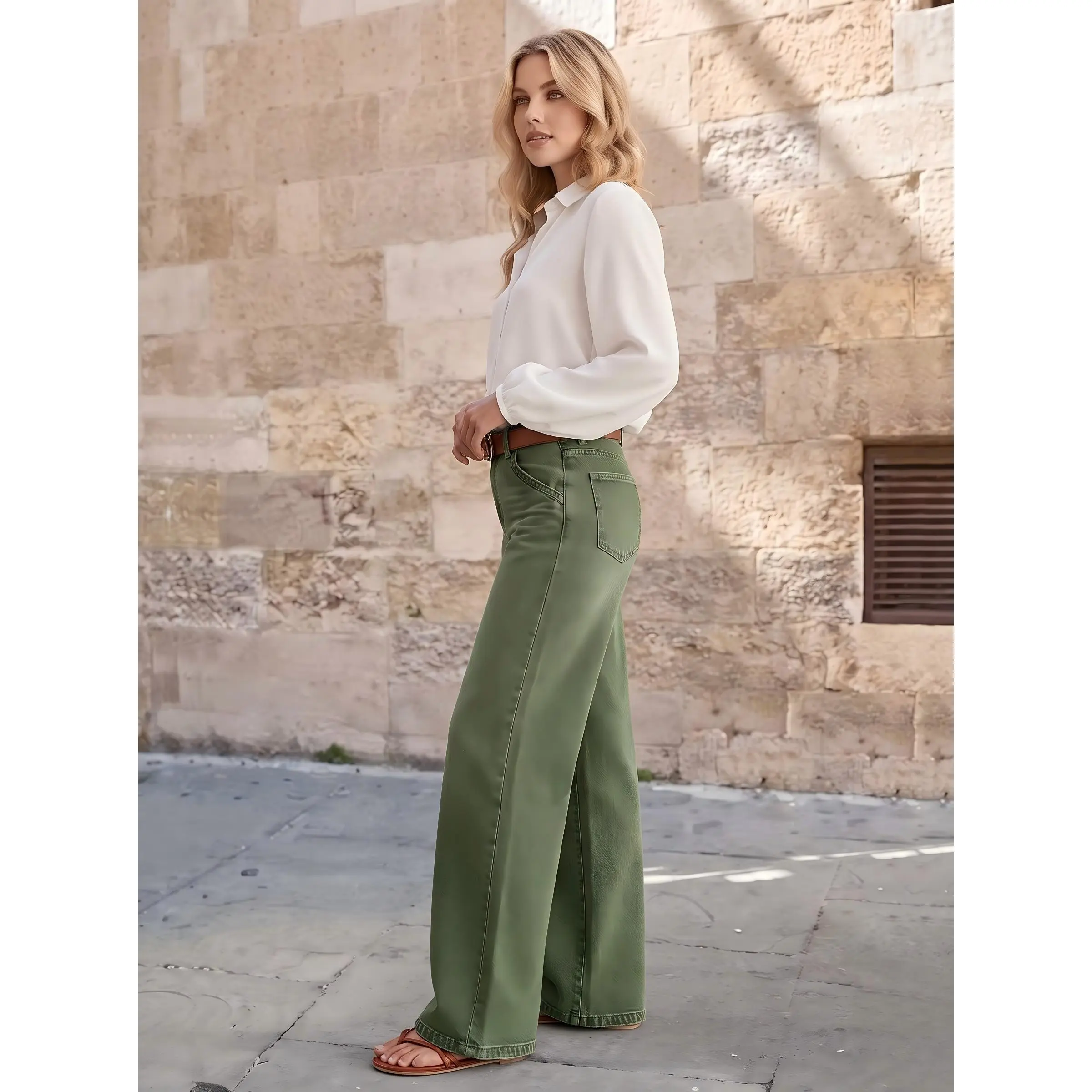 Wide-Leg Silhouette Green Jeans Women's Loose Fit Baggy Straight Leg Denim Jeans , Basic, Comfortable and Fashionable, Perfect for Daily Wear, Versatile Casual Style, Womenswear, Everyday