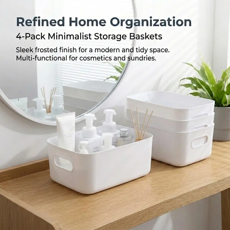 4-Pack Minimalist White Storage Baskets, Frosted Plastic Organizer Bins with Handles, Multi-Functional Desk & Bathroom Containers for Cosmetics, Snacks & Sundries