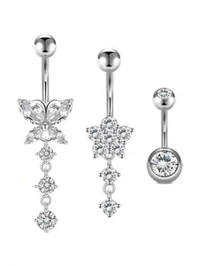 Cubic Zirconia Belly Ring Set, Butterfly Flower Pendant Design, Stainless Steel Bar 14g 10mm, Perfect Gift for Women, Cubic Zirconia Jewelry, Navel Piercing Jewelry, Body Jewellery