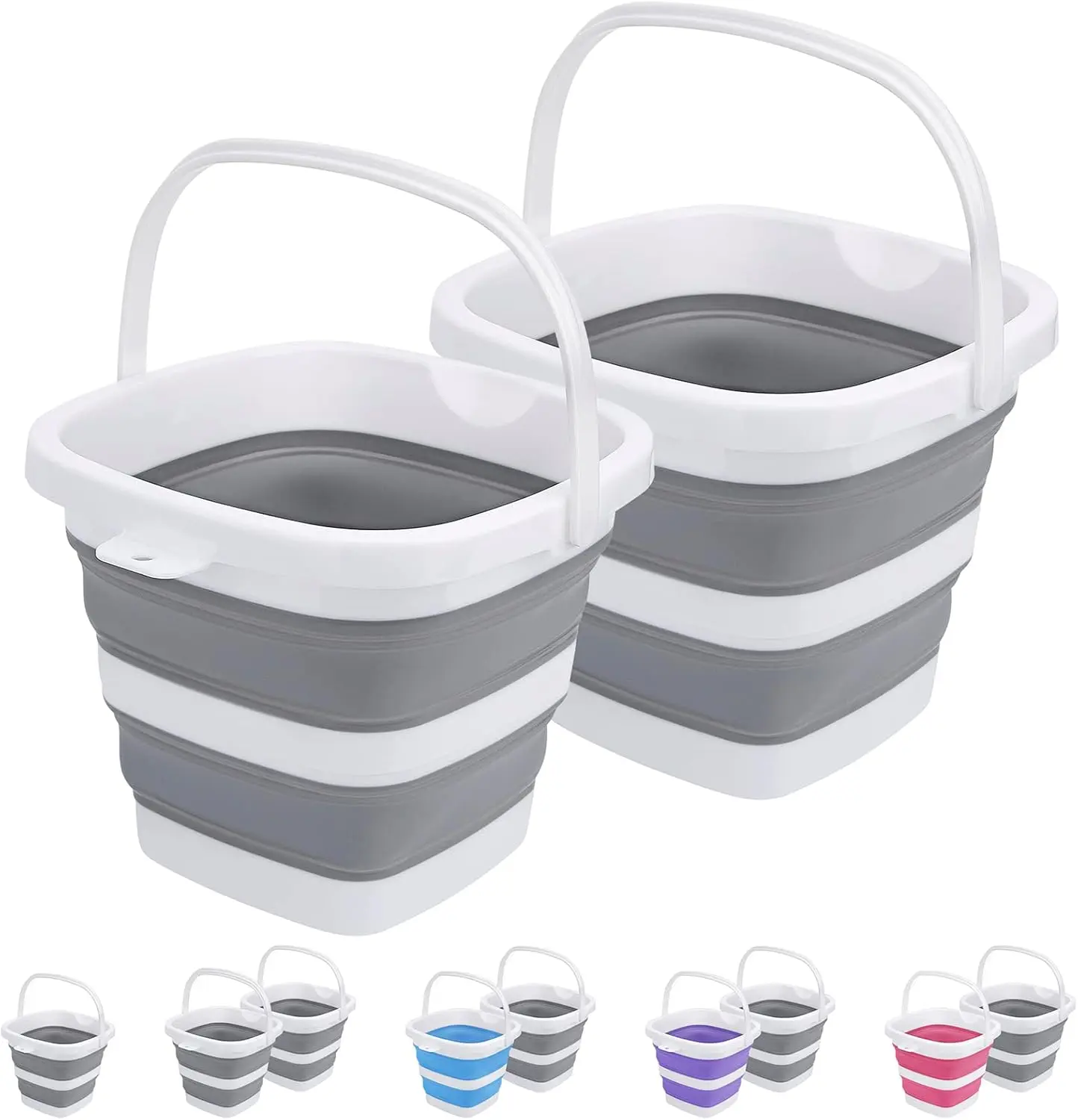 2-Pack 5L Grey Foldable Space-Saving Square Plastic Bucket, Portable Water Storage Container for Household Cleaning, Car Washing