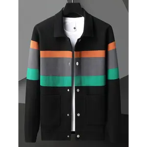 A Spring And Autumn Knitted Cardigan for Men, Featuring a Unique Patchwork Design That Is Eye-Catching. Made from Soft Knitted Fabric, It Has a Fit That Suits Various Body Types, And Pairing It with a T-Shirt Adds Depth to The Outfit.