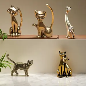 Modern Brass Cat Figurines | Sculptural Shelf & Table Decor