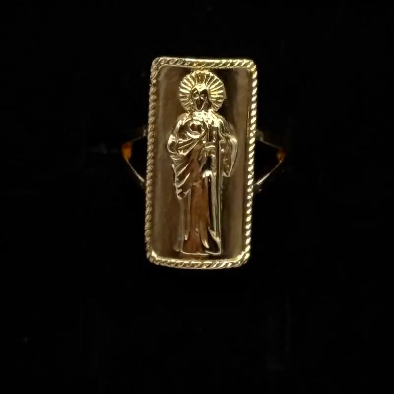 Anillo San Judas Tadeo Oro Laminado Size 8 Adjustable Gold Plated Ring with Square Design and Central Figure