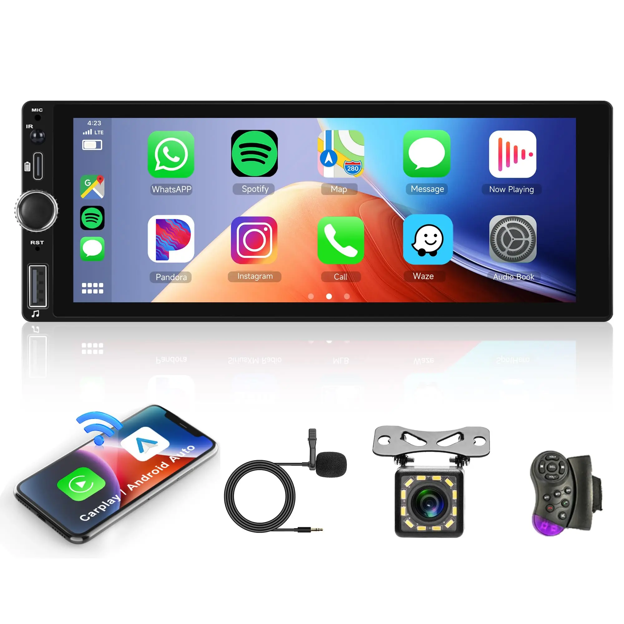 Single Din Car Video Player with 6.9 inch HD Touch Screen, Wireless CarPlay, Android Auto, Bluetooth, FM/RDS, EQ, Backup Camera, USB Type-C, SWC, CarPlay Screen for Car, Car Video Players