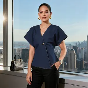 Filipino women's V-neck shirt, fashionable waist cinching short sleeved shirt