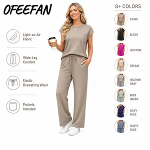 OFEEFAN Womenswear 2 Piece Sets for Women Casual Summer Travel Vacation Outfits Cap Sleeve Lounge Set Chic Crewneck Soft Silky Breathable Clothes