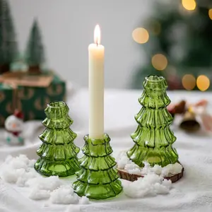 Christmas Tree Green Glass Taper Candlestick Holders (3 Pcs) - Holiday Candle Holders, Indoor Christmas Decorations Ornaments for Table Decor, Dinner Gathering Home Decoration