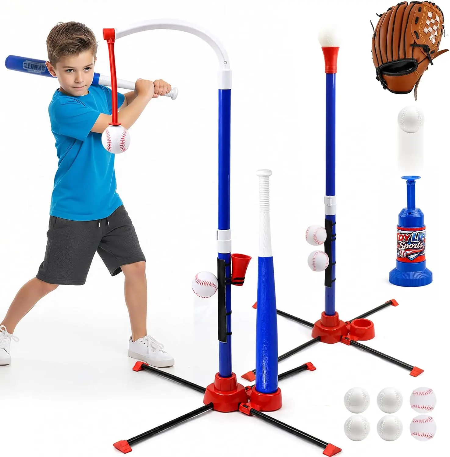 Toy Life 3-in-1 T-Ball Set for Kids Ages 3-8 - Adjustable Toddler Baseball Batting Tee with Auto Launcher, Real Leather Glove & 6 Balls, Outdoor Sports Toys Gift