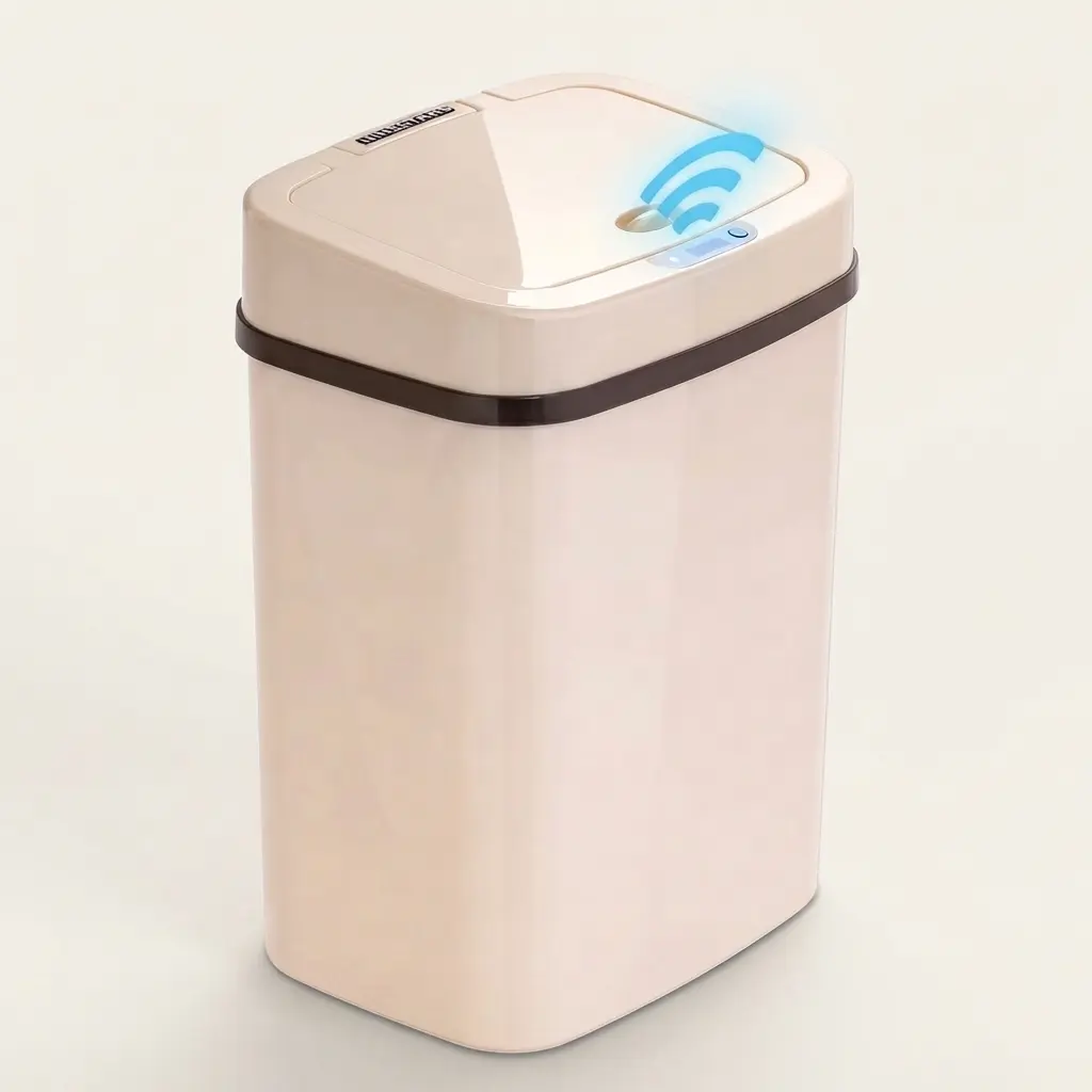 Nine Stars Automatic Bathroom Trash Can 3.2 Gallon Plastic Motion Sensor Garbage Bin Cream Soft Close Lid Touchless