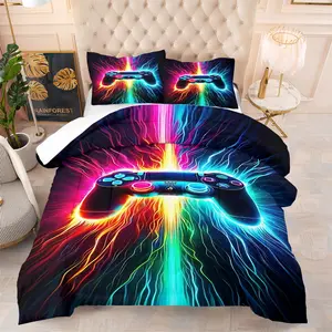 Neon Gaming Controller Comforter Set,Includes 1 Comforter & 1-2 Pillowcases,Gamer Bedding Set with 3D Cyberpunk Print,Vibrant Neon Color Game Style Bedding Set,Soft Comfortable for Boys Teens Bedroom Gaming Room Dorm Decor