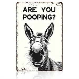 1count Humorous Donkey Are You Pooping? Metal Sign - Rustic Farmhouse Bathroom Wall Decor with Vintage Flair - Iron Material, 8 x 12 Inch, Unique Gift for Donkey Lovers