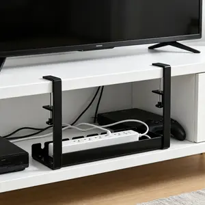 30cm no-drill under-desk cable management tray, clip-on cable organizer, sturdy desktop mount, suitable for power outlets and office cables.