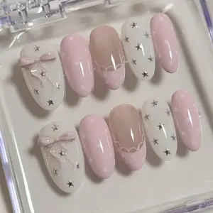 Handmade Quality Press on Nails Set, Medium-Long Almond Shape Fake Nails, Polka Dot Pattern Ombre Design, Silver Color Stars & Bows, All Seasons Nail Supplies