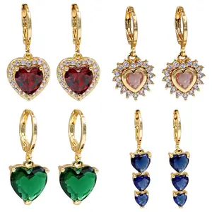 18K Gold Plated, 4 Pairs Charm Gemstone Drop Dangle Earrings Set for Women, Heart Design,Jade Red Pink Gemstone Hypoallergenic Cubic Zirconia, Lightweight, Jewelry for Gifts